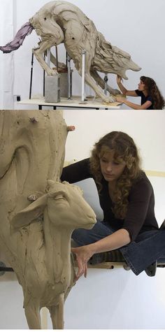 a woman sitting on the ground next to a sculpture of an animal and another image of a cow