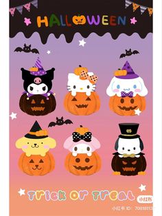 a halloween poster with pumpkins and cats on it's faces, all in different colors