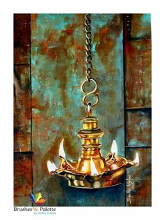 a painting of a chandelier hanging from a chain with three lights on it