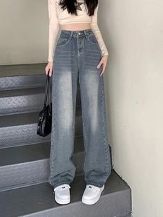 Blue  Collar  ファブリック Ombre,プレーン ワイドレッグ Embellished ノンストレッチ Homecoming 2024, Mens Fashion Retro, Thrift Board, Song Aesthetic, Vintage Wash Jeans, Stretch Denim Pants, Casual Denim Pants, Jean Large, Aesthetic Shirts