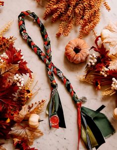 an assortment of fall flowers and leaves on a marble counter top with ribbons tied to them