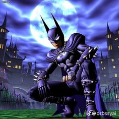 the animated batman is posing in front of a full moon and gothic cityscape