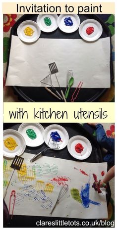 two plates with paint and utensils on them next to a paper plate that has children's handprints on it