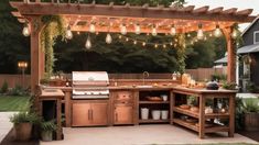 an outdoor kitchen with lots of lights and potted plants on the outside patio area