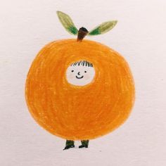 a drawing of an orange with a little bird sitting on it's back end