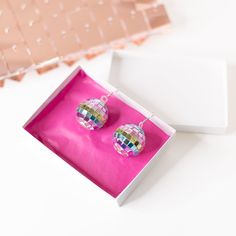 Multi-Colored Disco Ball Earrings-Earrings-Dear Me Southern Boutique, located in DeRidder, Louisiana Disco Accessories Jewelry, Disco Ball Earrings Outfit, Disco Era Jewelry, Disco Ball Accessories, Colorful Disco Ball, Disco Ball Stud Earrings, Disco Ball Earrings, Disco Diva, Quirky Earrings