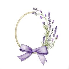 a watercolor painting of a lavender wreath with a bow