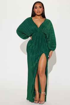 Available In Hunter And Rust. Pleated Maxi Dress Long Dolman Sleeves Deep V-Neckline Elastic Waist High Slit Low Back Lined Stretch Self: 100% Polyester Lining: 100% Polyester Imported | Paloma Pleated Maxi Dress in Hunter size Small by Fashion Nova Chic Dress Elegant, Plus Size Gala Dress, Petite Formal Dresses, Cocktail Dress Maternity, Dresses For Apple Shape, Plus Size Elegant Dresses, A Line Maxi Dress, Amazon Dresses, Plus Size Cocktail Dresses