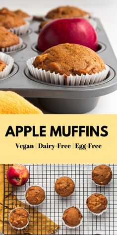 an apple muffin in a muffin tin with the title overlay above it