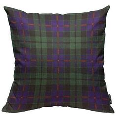 a purple and green plaid pillow on a white background