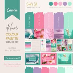 the color palette kit includes pink, blue, and green colors with text that reads canva