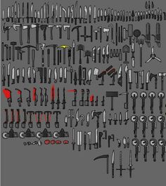 an assortment of tools are displayed on a gray background with black and white lines in the middle