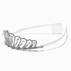 Rock a royal vibe with this beautiful tiara! Sparkly faux rhinestones mix with classic pearls for a truly special look. Secure it into your hair with the attached plastic combs. Finish: Silver-toneLength: 5 in. / 12.7 cm.Height: 2 in. / 5.08 cm.Material: Metal - Claire's Silver-tone Pearl Rhinestone Dragonfly Tiara Beautiful Tiaras, Tiara Hairstyles, Fashionable Jewelry, Rock A, Jewelry And Accessories, Tiara, Silver Tone, Fashion Jewelry, Silver