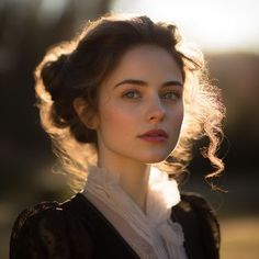 a woman with curly hair wearing a black dress and white collared shirt looking off into the distance