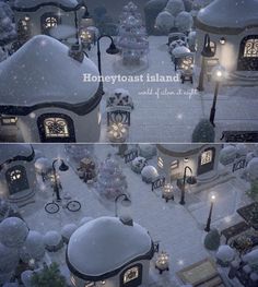 two pictures of a snow covered town at night