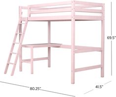 a pink loft bed with stairs and desk underneath it, measurements for the top bunk