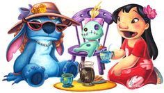 two cartoon characters sitting at a table with drinks in front of them, one holding a drink and the other wearing sunglasses