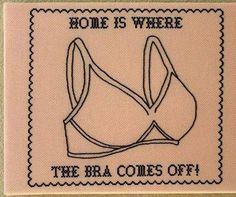 the bra comes off embroidered patch is shown in black ink on beige fabric with an image of two bras