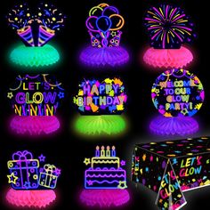 neon glow birthday party decorations and cake toppers