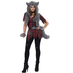 a woman in a costume with a wolf on her head and plaid shirt, black leggings