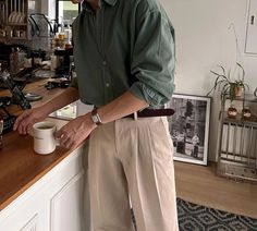 Green Linen Shirt Men Outfit, Fashion Inspo Outfits For Men, Grey Button Up Shirt Outfit Men, Old Money Aesthetic Man, Button Up Shirt Outfit Mens, Aesthetic Style Men, Watch Outfit Men, Green Shirt Outfit Men, Long Sleeve T Shirt Outfit