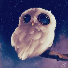 an owl sitting on top of a tree branch with stars in the sky behind it