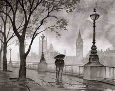 a drawing of a person walking down the street with an umbrella in the rain,