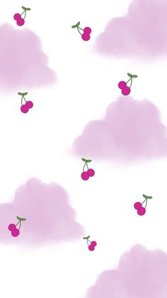 pink clouds with cherries flying in the sky