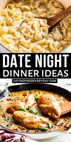 two images with the words date night dinner ideas in front of them and an image of macaroni and cheese