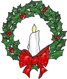 a drawing of a christmas wreath with a lit candle in the middle and a red bow around it