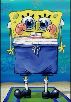 an image of a spongebob with big blue eyes and legs wearing sweatpants