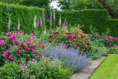 a garden filled with lots of flowers next to a lush green field