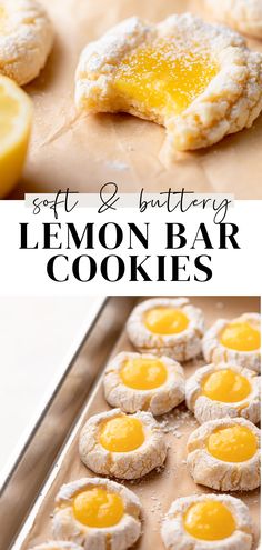 lemon bar cookies on a baking sheet with text overlay