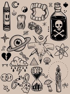 an assortment of tattoos and other items on a beige background with black ink, including skulls,