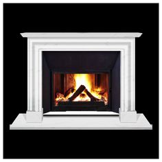 a white fireplace with an open fire place and black background, showing the front part of it's mantle