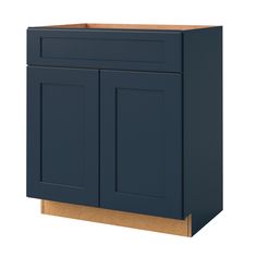 a blue cabinet with two doors on the front and one door open to reveal an unfinished drawer