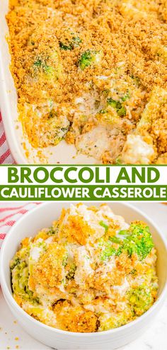 broccoli and cauliflower casserole in a white dish