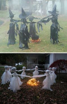 two pictures of halloween decorations in the yard and one with witches on it's heads