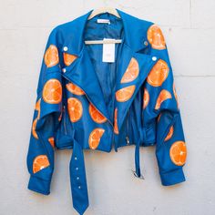 Blue Leather Moto Jacket with Hand-Painted Oranges - Size S - "Pulp Fi– Smells Like Crime Painted Oranges, Blue Leather Jacket, Oversized Jacket, Leather Moto