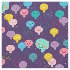 a purple background with many different colored cartoon faces on the ground and stars in the sky