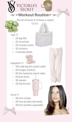 the victoria's secret workout routine is shown in pink and white with instructions for how to