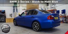 a blue car parked in a garage with the words bmw 3 series - black to matt blue