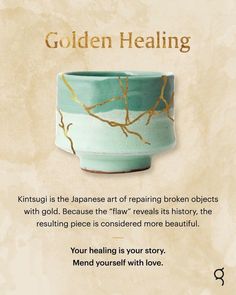 a poster with an image of a tea cup and the words golden healing on it