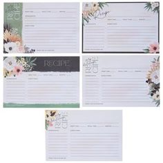 four recipe cards with flowers on them