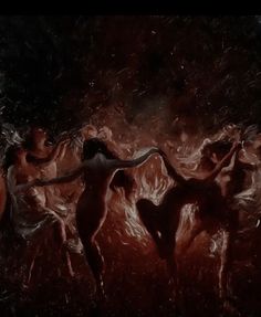 an abstract painting of women dancing in the rain with red and black colors on them