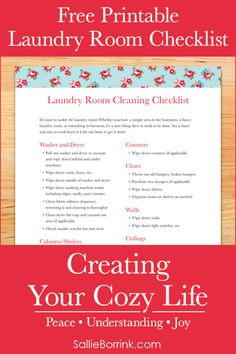 a printable laundry room checklist with the title, creating your cozy life peace and understand