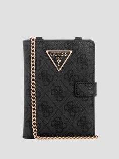 Faux-leather wallet Logo embossed print Shiny gold-tone hardware Interior card slots Passport holder Chain crossbody Embossed Printing, Travel Tech, Passport Case, Crossbody Wallet, Passport Holder, Leather Wallet, Style Icons, Card Slots, Slots