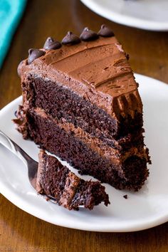 a slice of chocolate cake on a white plate