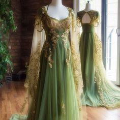 Green Elven Gown, Green Celtic Wedding Dress, Celtic Prom Dress, Moss Green Wedding Dress, Classy Elegant Prom Dresses Emerald Green, Fantasy Nature Dress, Green Fairy Dress Aesthetic, Nature Dress Forests, Fantasy Dress Green