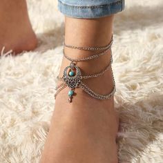 Drop Anklet Barefoot Chain Toe Ankle One-Piece Chain Silver Plated Turquoise Ankle Bracelet, Turquoise Anklet, Chain Clothing, Beautiful Anklet, Summer Anklets, Nice Jewelry, Anklets Boho, Beach Anklets, Women Anklets